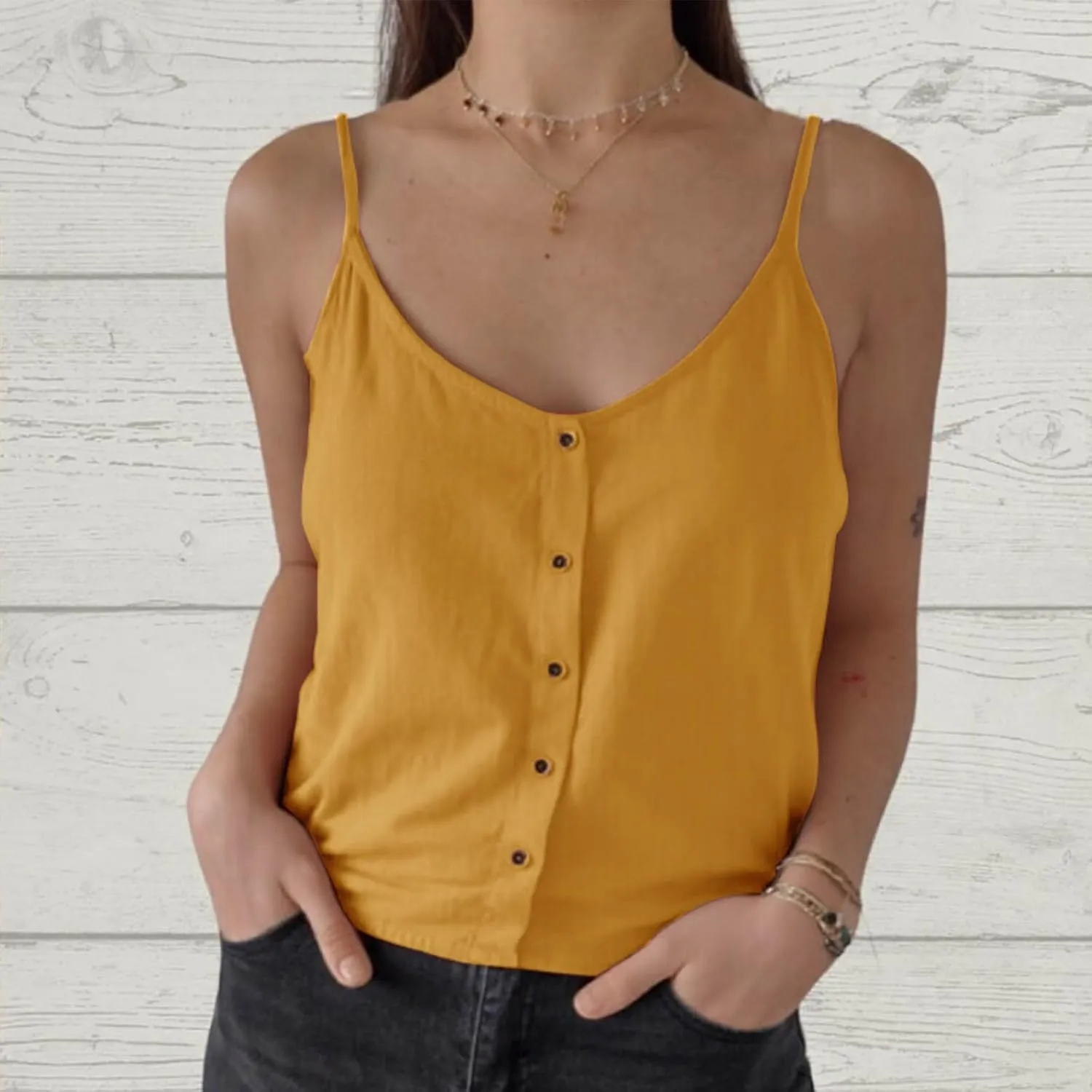Womens Summer Cotton Linen Spaghetti Strap Tank Top V Neck Sleeveless Camisole Casual Loose Button Shirts Crop Tops