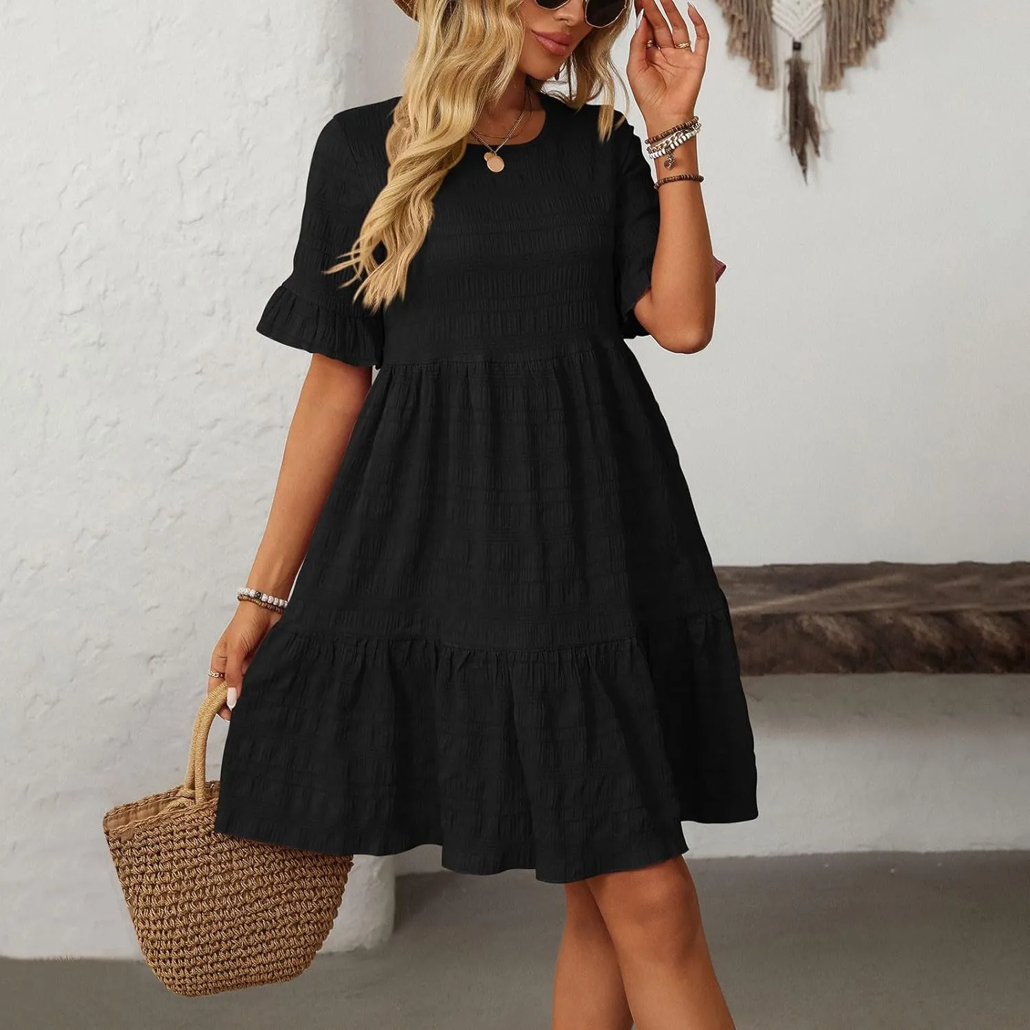 Womens Summer Dresses Fashion 2025 Crewneck Solid Casual Short Sleeve Spring Mini Dress Beach Vacation Dresses