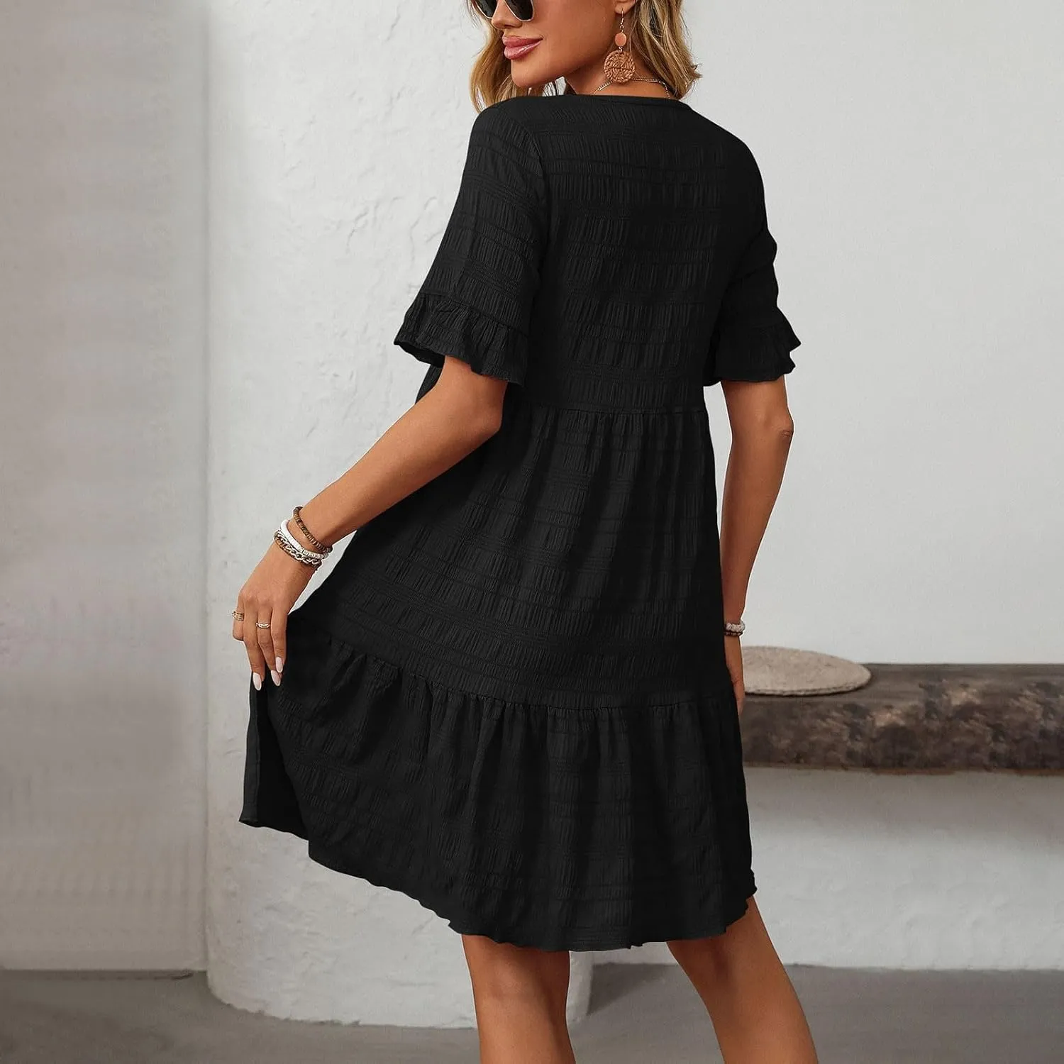 Womens Summer Dresses Fashion 2025 Crewneck Solid Casual Short Sleeve Spring Mini Dress Beach Vacation Dresses