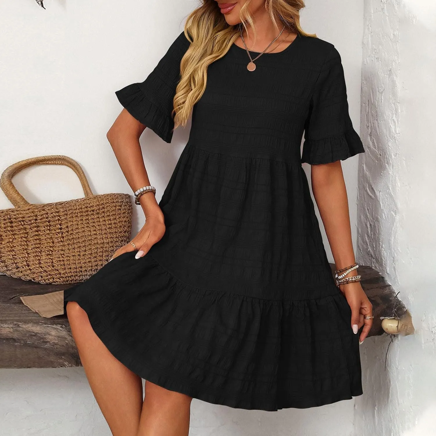 Womens Summer Dresses Fashion 2025 Crewneck Solid Casual Short Sleeve Spring Mini Dress Beach Vacation Dresses