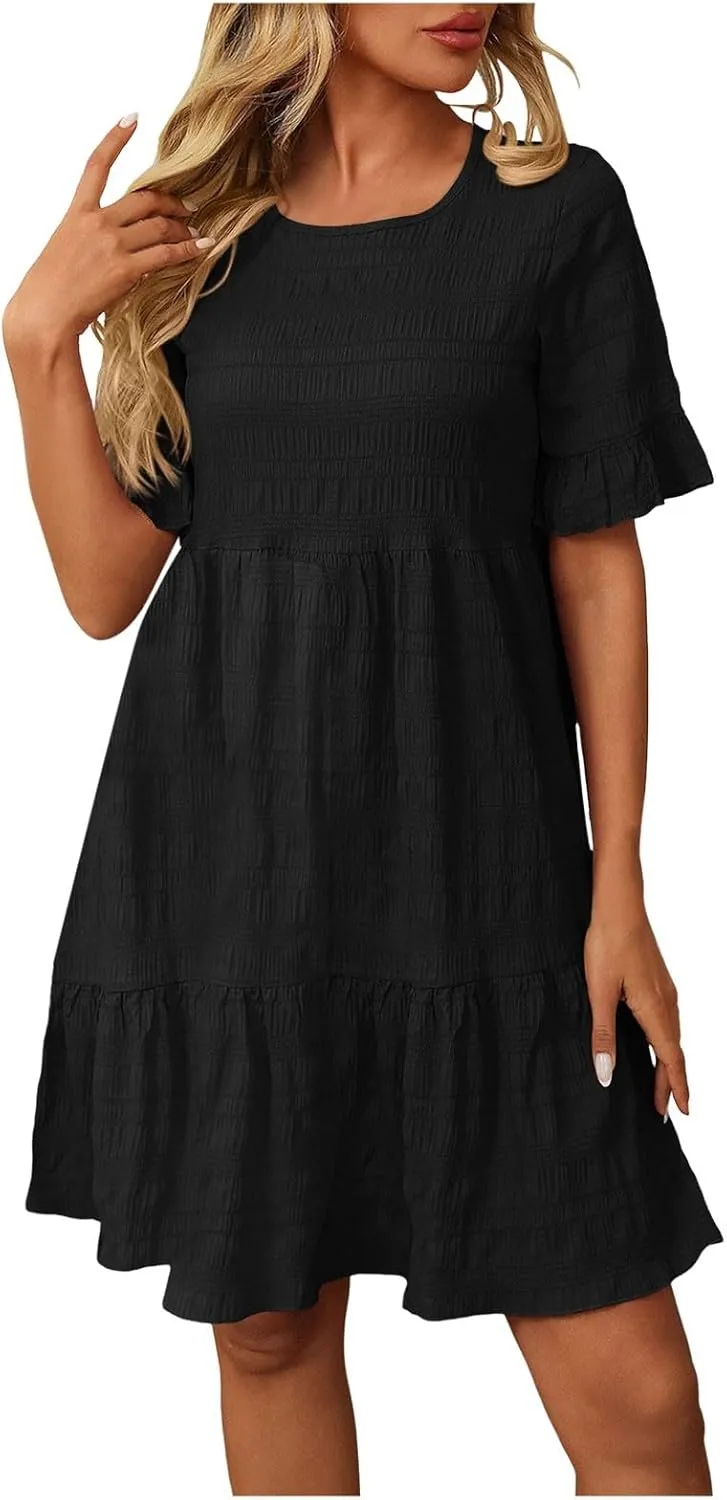 Womens Summer Dresses Fashion 2025 Crewneck Solid Casual Short Sleeve Spring Mini Dress Beach Vacation Dresses
