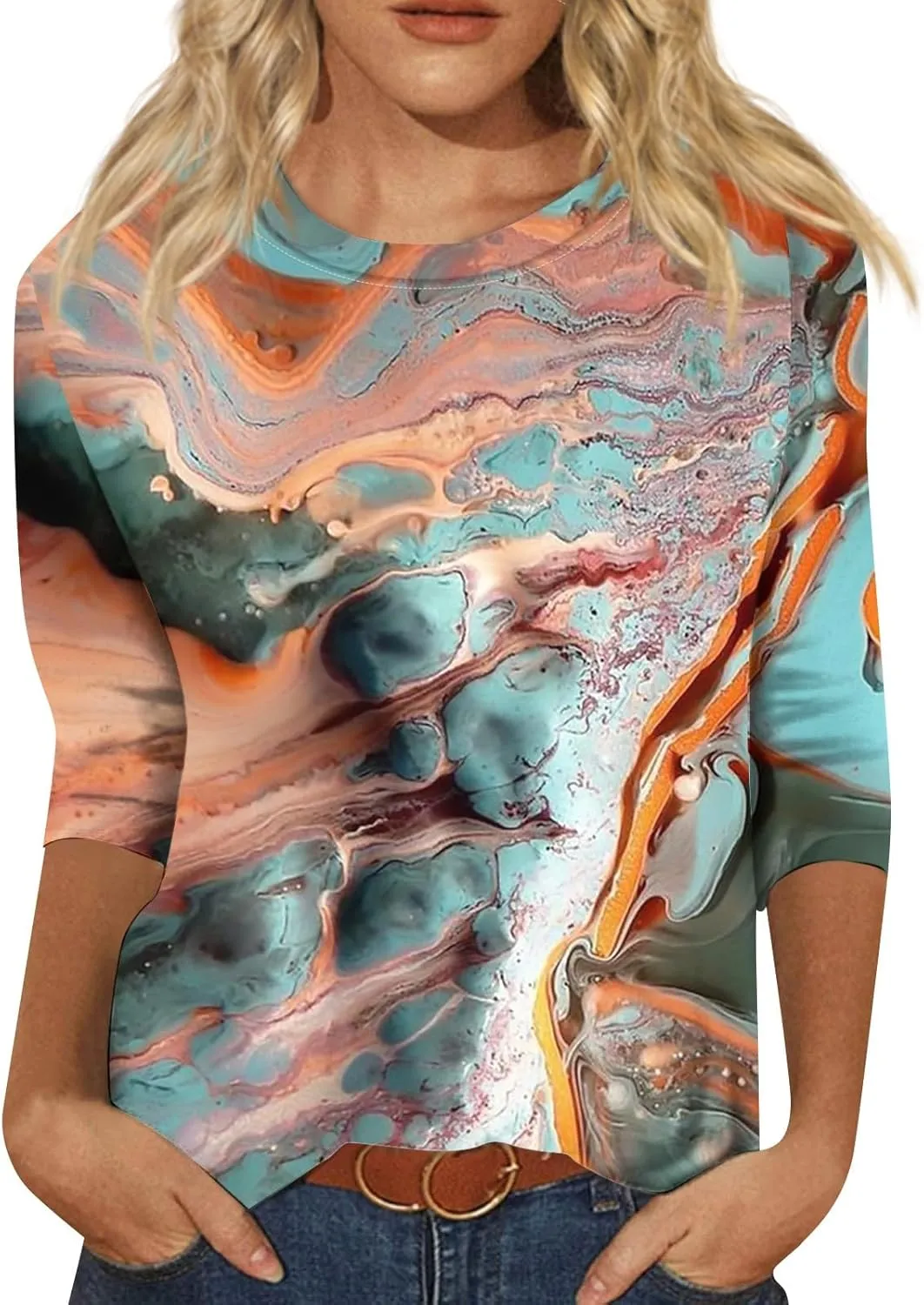Womens Summer Tops Dressy Floral Casual 3/4 Sleeve Tshirts Flower Tie Dye Rose Empire Waist 3/4 Sleeve Spring Trendy Shirt