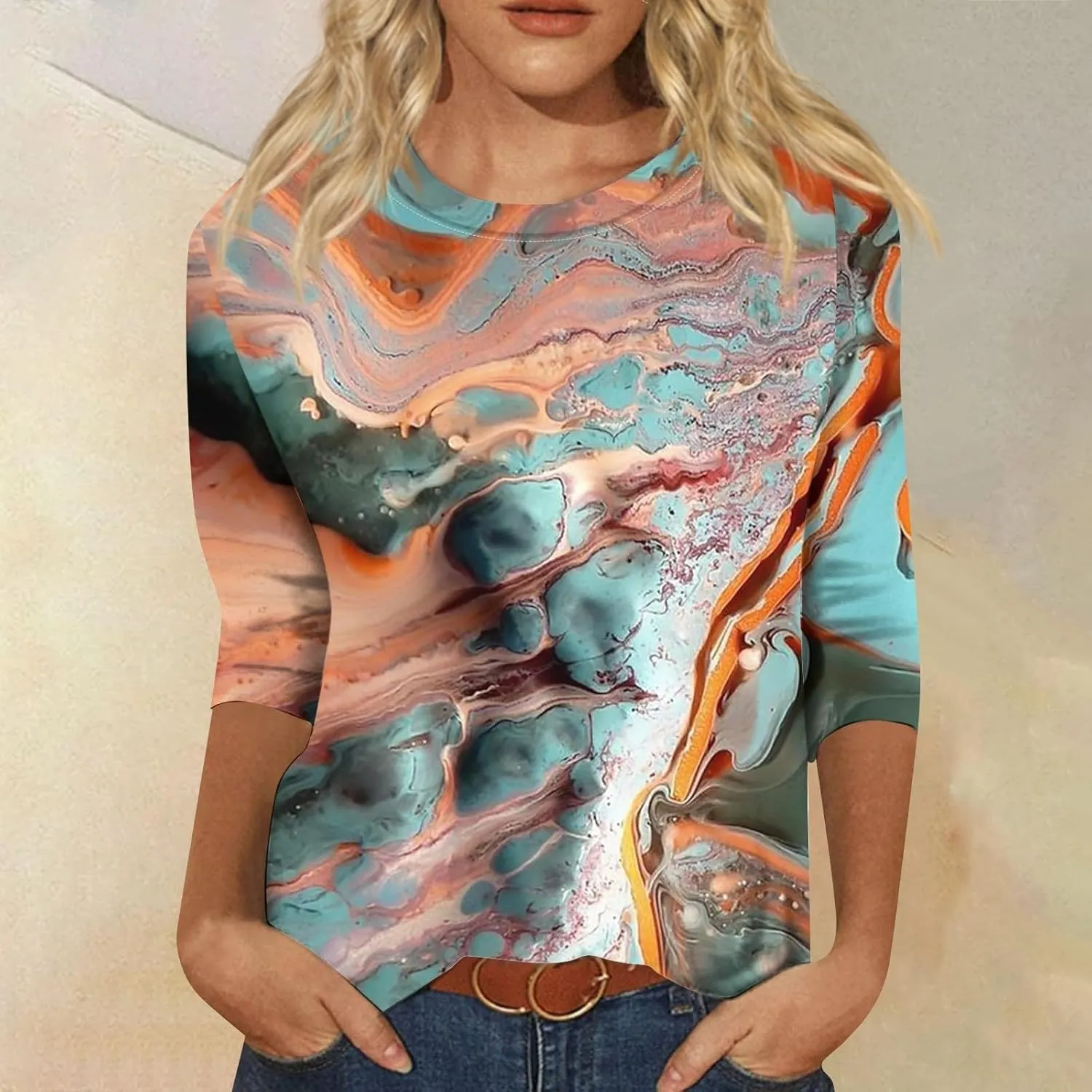 Womens Summer Tops Dressy Floral Casual 3/4 Sleeve Tshirts Flower Tie Dye Rose Empire Waist 3/4 Sleeve Spring Trendy Shirt