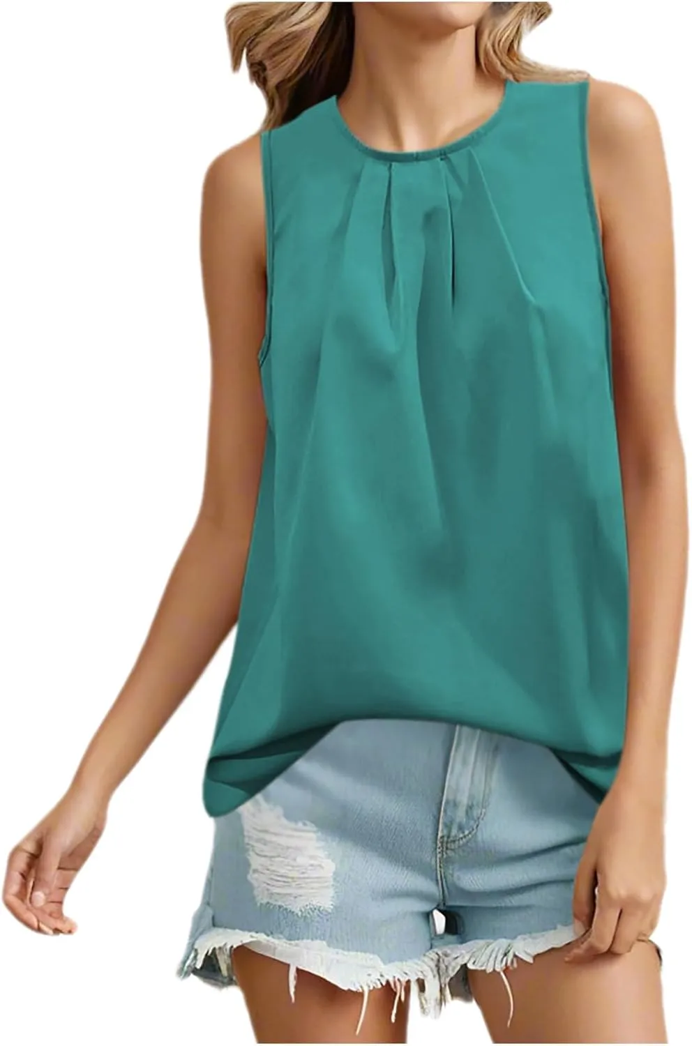 Women's Tank Tops Summer Solid Color Crewneck Sleeveless Pleated Blouse Casual Fashion Loose Fit Dressy Tunic Shirts